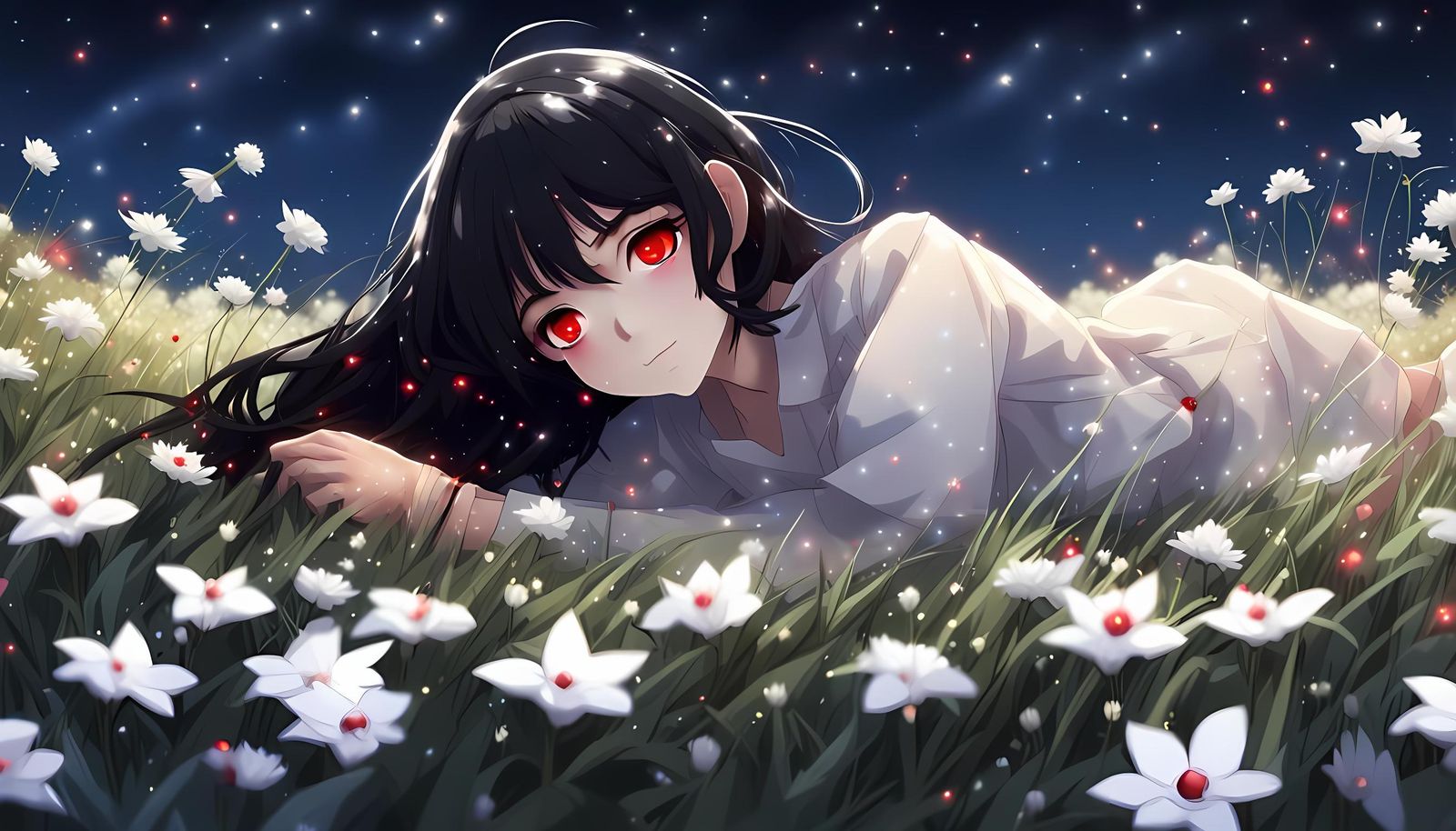 Anime Girl in Meadow Gazing at Starry Sky