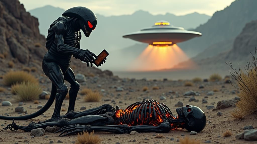 Alien Encounter: Charred Skeletons Under a Descending Saucer