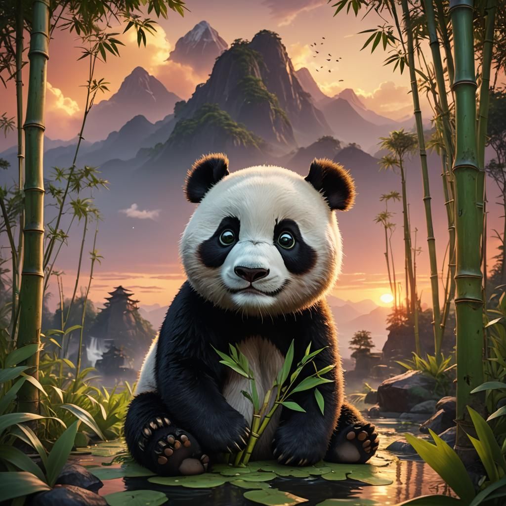 Cute Panda Eats Bamboo: Fantasy Concept Art