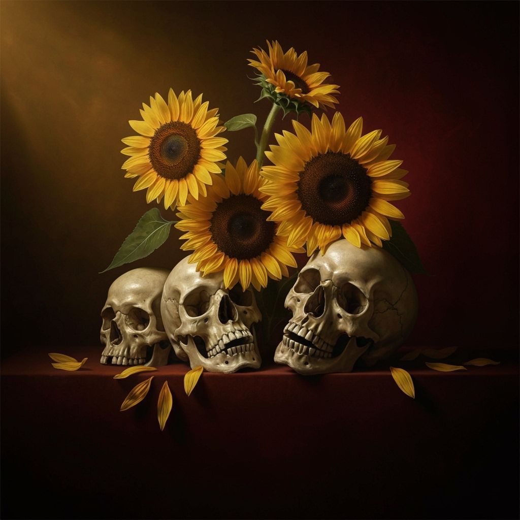 Sunflowers and Skulls Still Life in Chiaroscuro Style