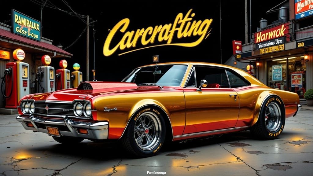 Vintage Car in Art Nouveau Style, Surrounded by Retro Gas St...