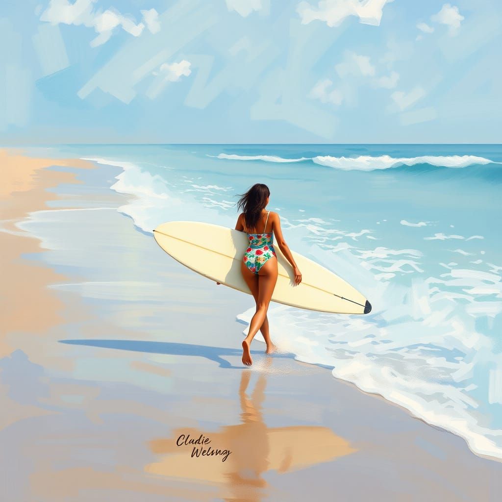 Woman Walking to the Ocean with Surfboard in Hand, Impressio...
