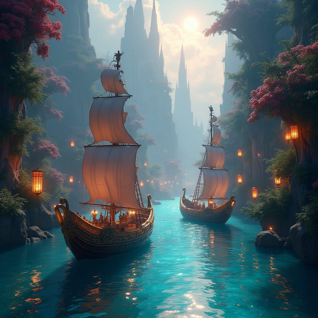 Mystical Boats Sail Through Dreamlike Cityscape