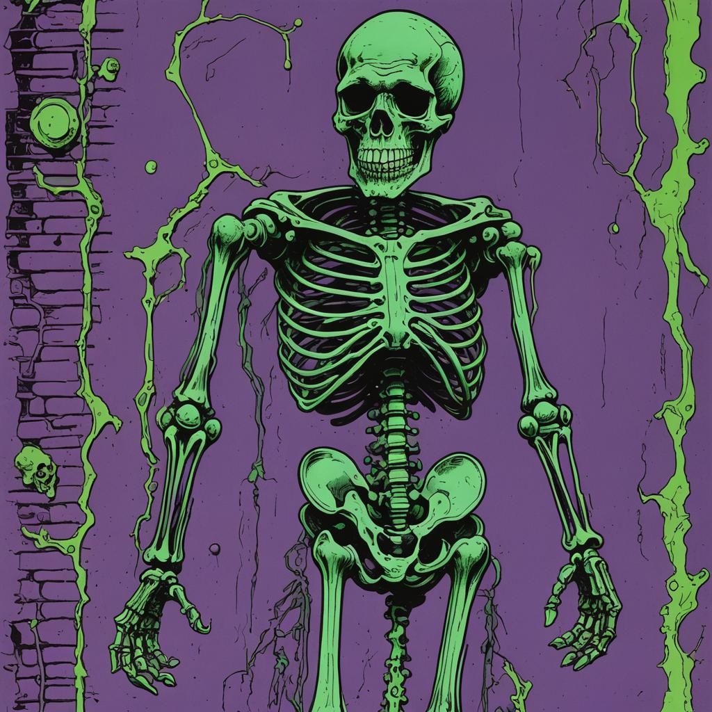 an emerald skeleton; neon gothic