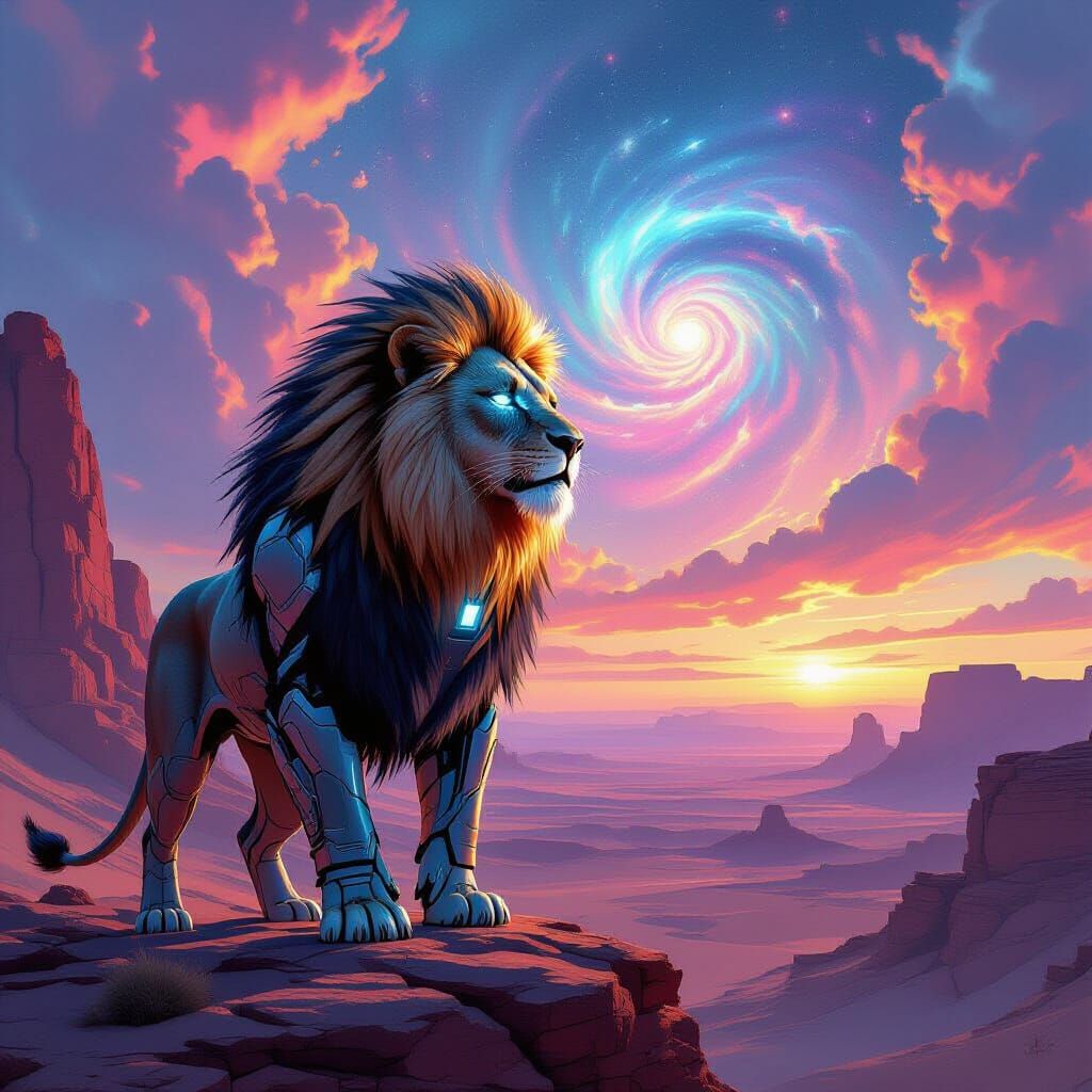 Cybernetic Lion Overlooking Alien Desert Landscape
