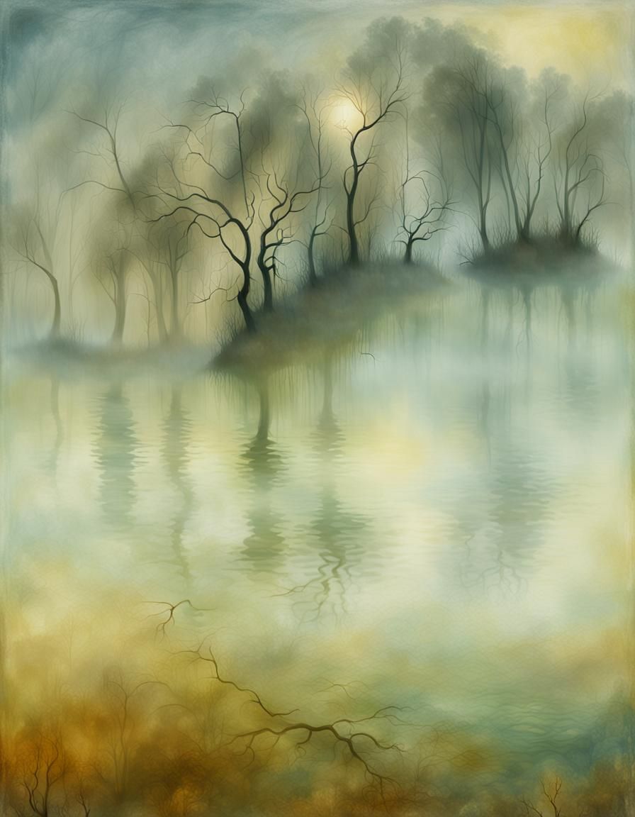 Mysterious Lakeside Scene in Surrealist Oil Painting Style