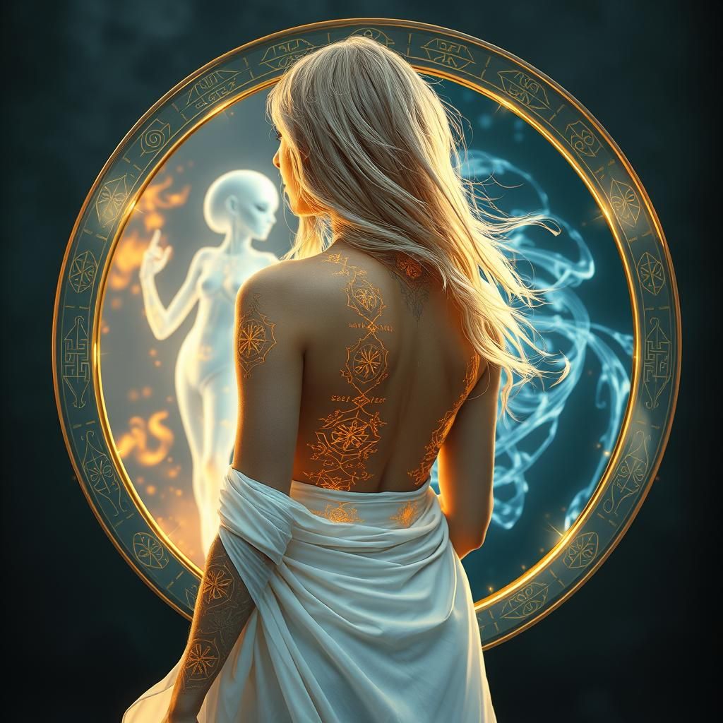 Mage and Alien Light Being in Surreal Mirror