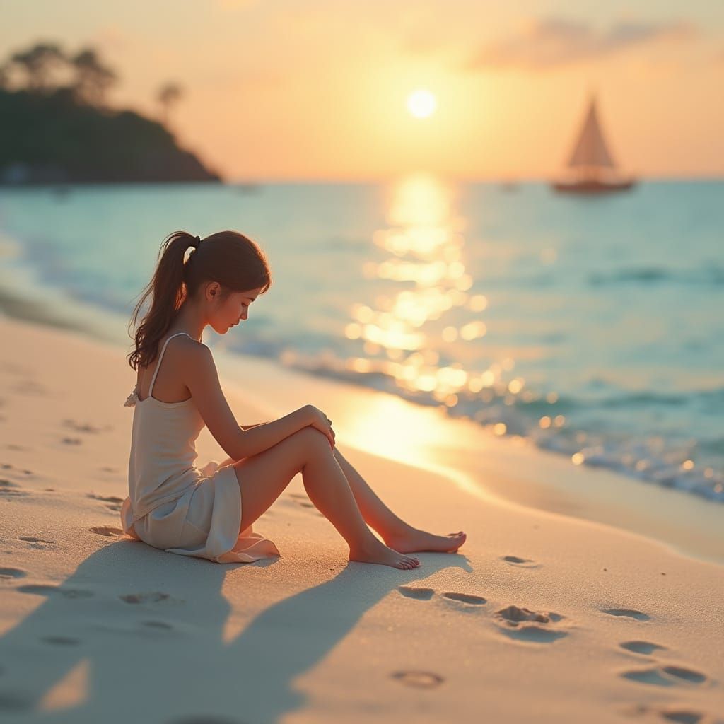 Papercraft Sunrise: Beach Scene with Distant Boats