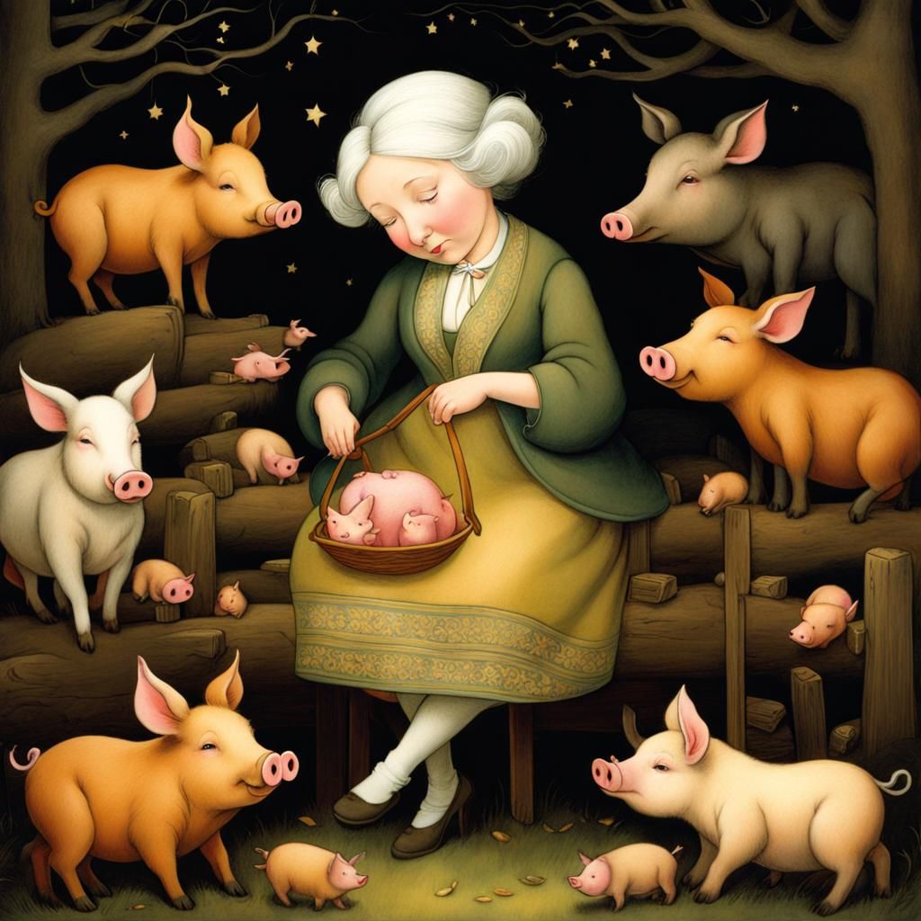 Charming Storybook Scene with Old Woman and Pig