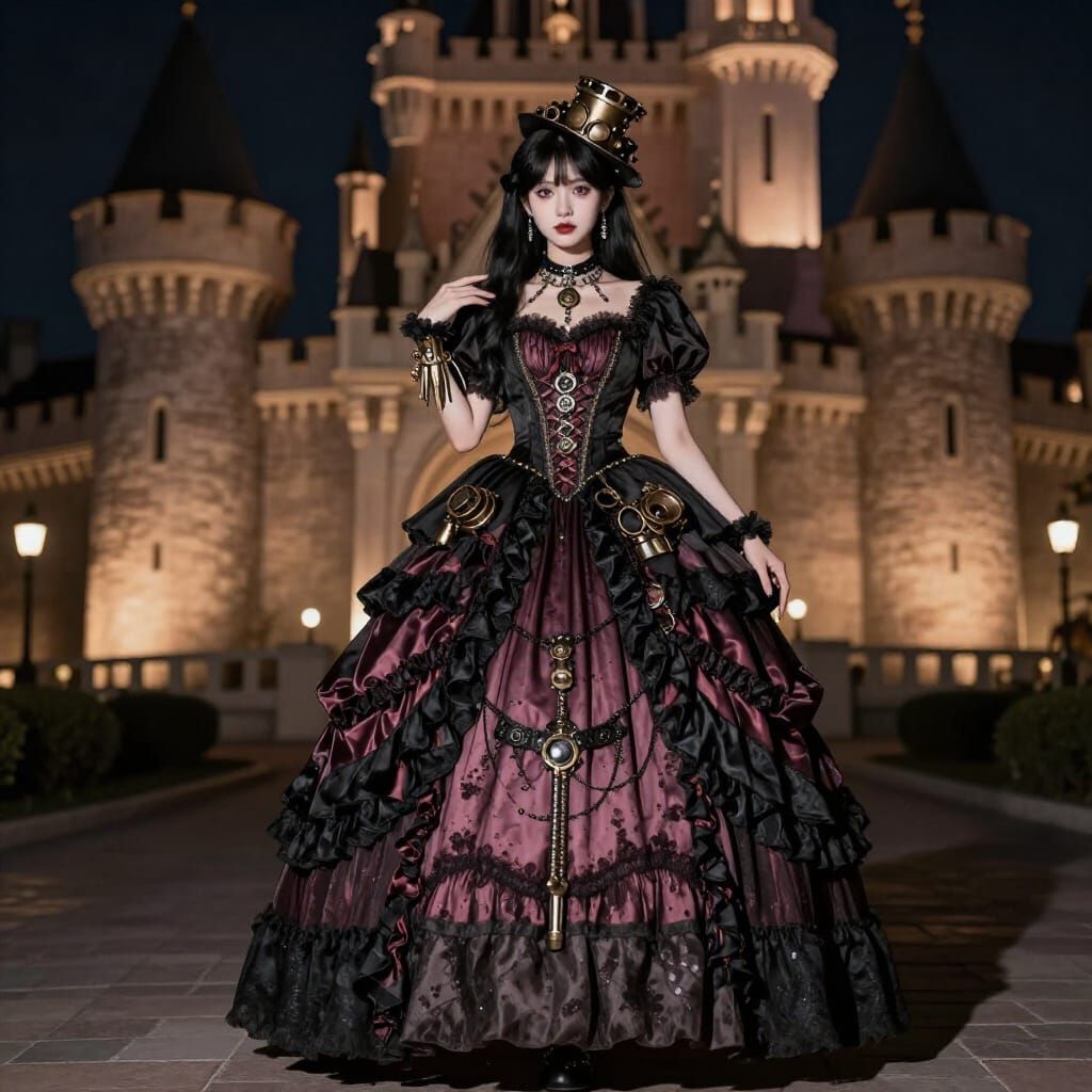 Romantic Goth Gown with Steampunk Accessories and Castle