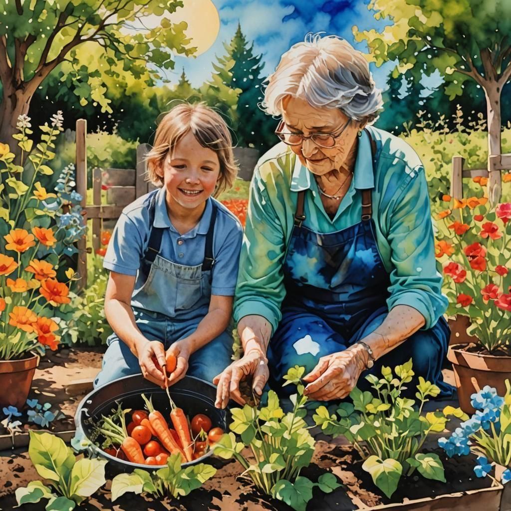 Grandmother and Grandson Gardening: Alcohol Ink Art