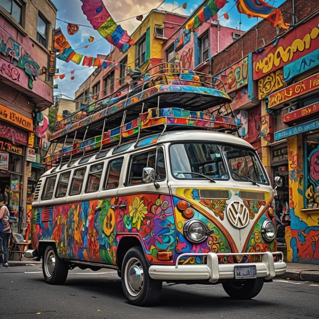 Colorful hiippie VW bus. Psychedelic. Peter Max."