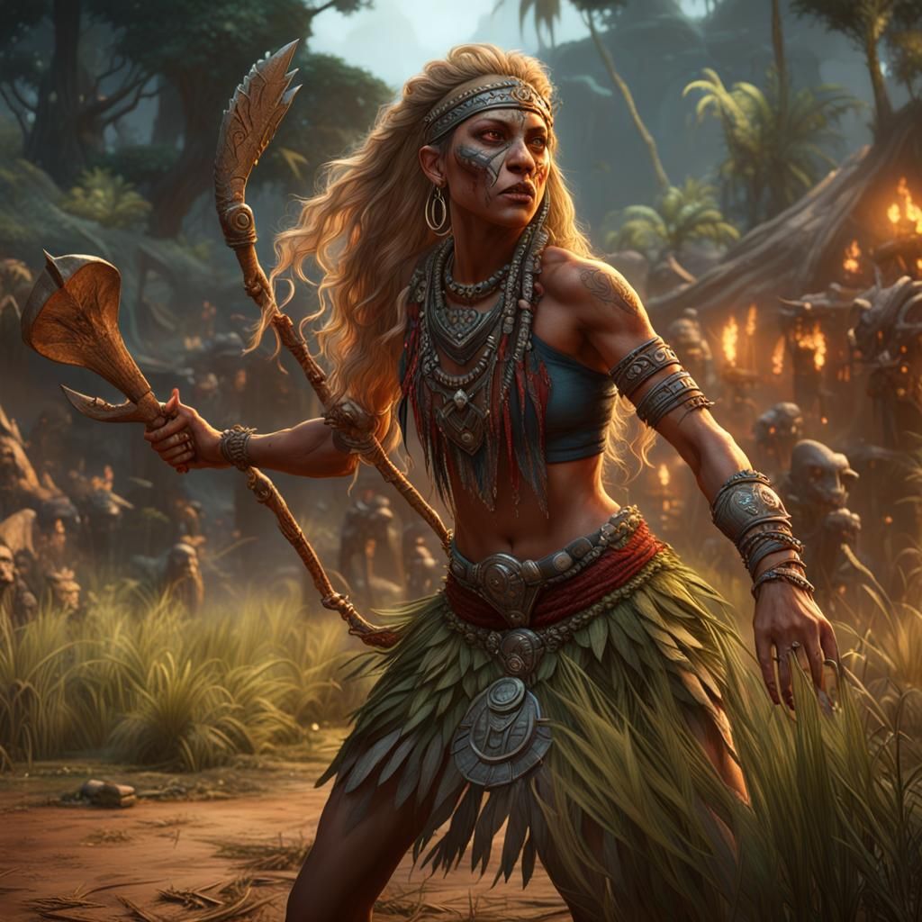 Tribal Warrior Versus Prehistoric Pangolin in Dark Fantasy A...