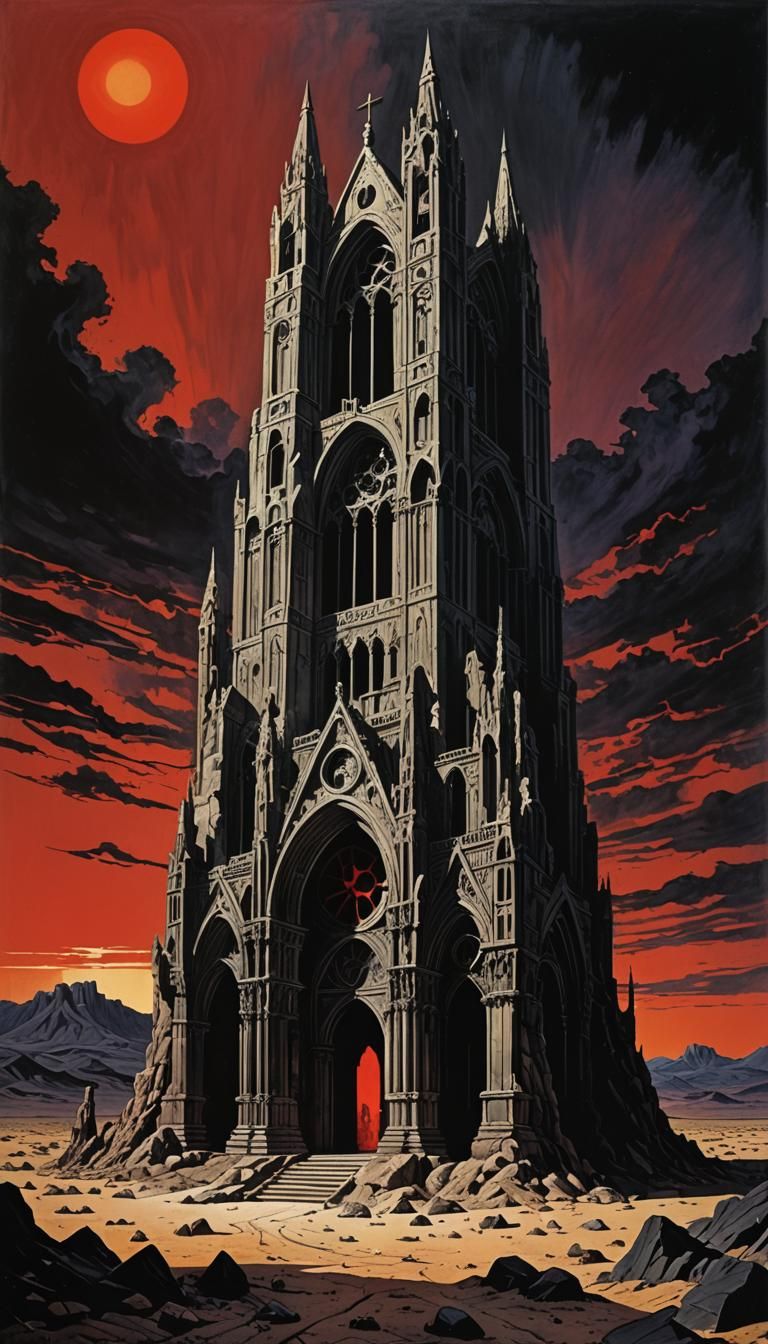 Monolithic Stone Structure in Gothic Fantasy Landscape