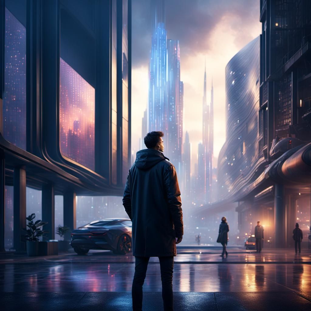 Surreal Architect Gazes into Futuristic Cityscape