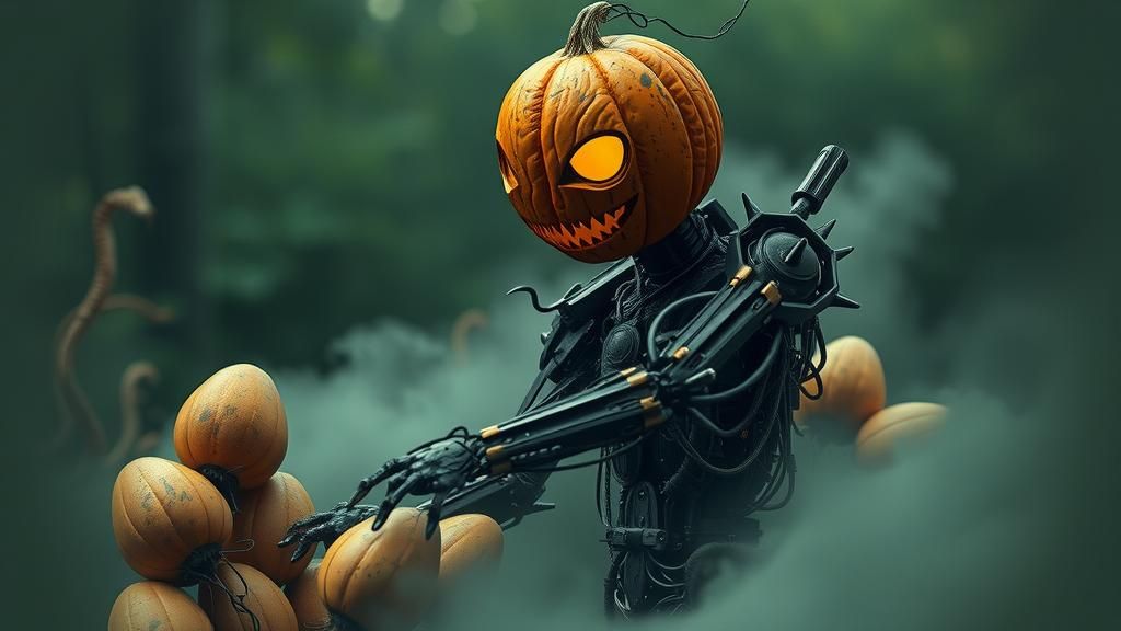 Pumpkin-Headed Scarecrow Tending Alien Eggs in Dark Sci-Fi