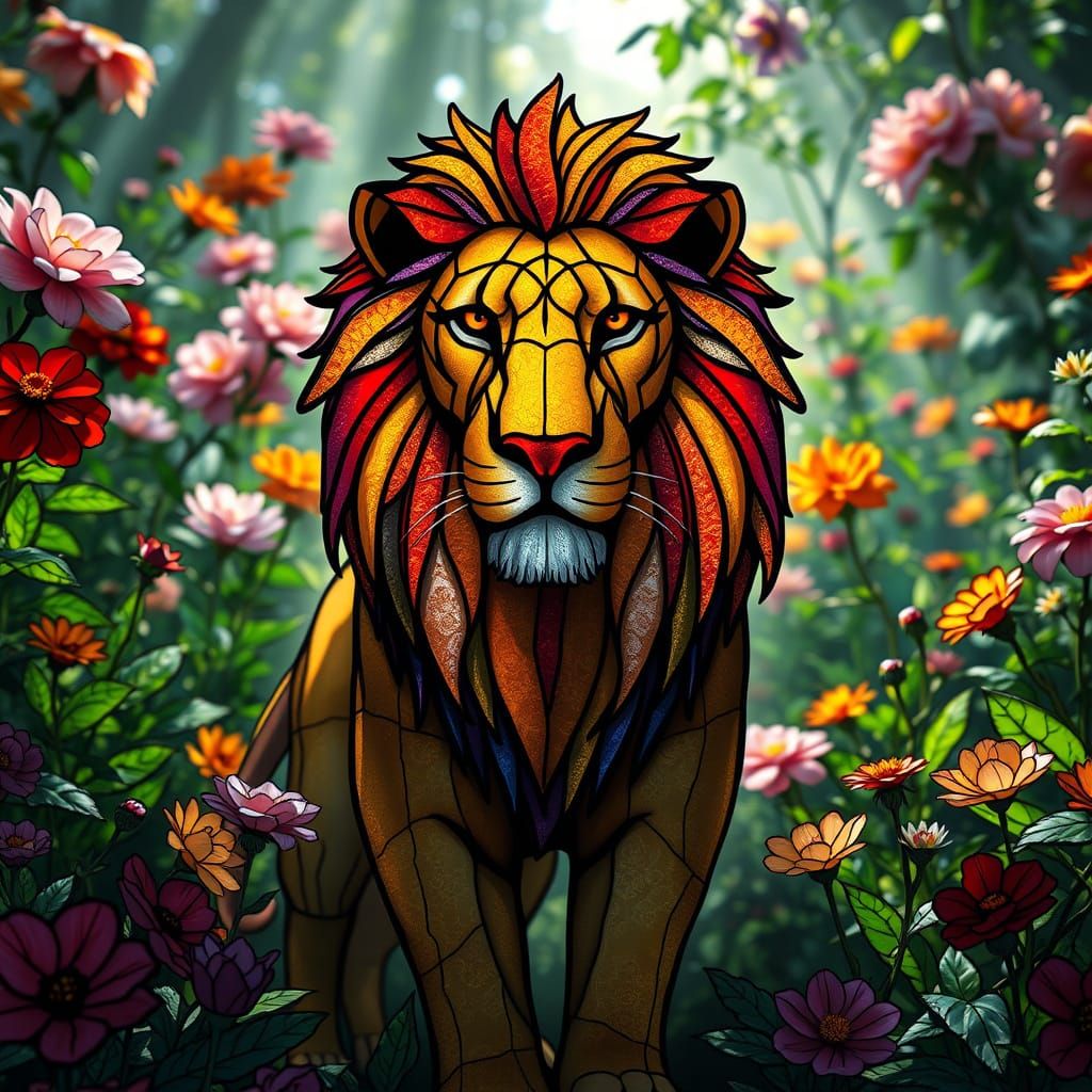 Stained Glass Lion in Lush Garden, Hyperrealistic