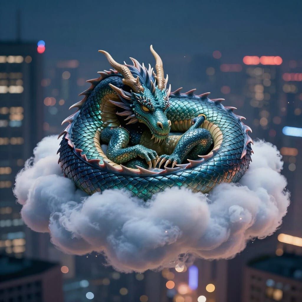 Gem Dragon Sleeps on Cloud Over Night Cityscape