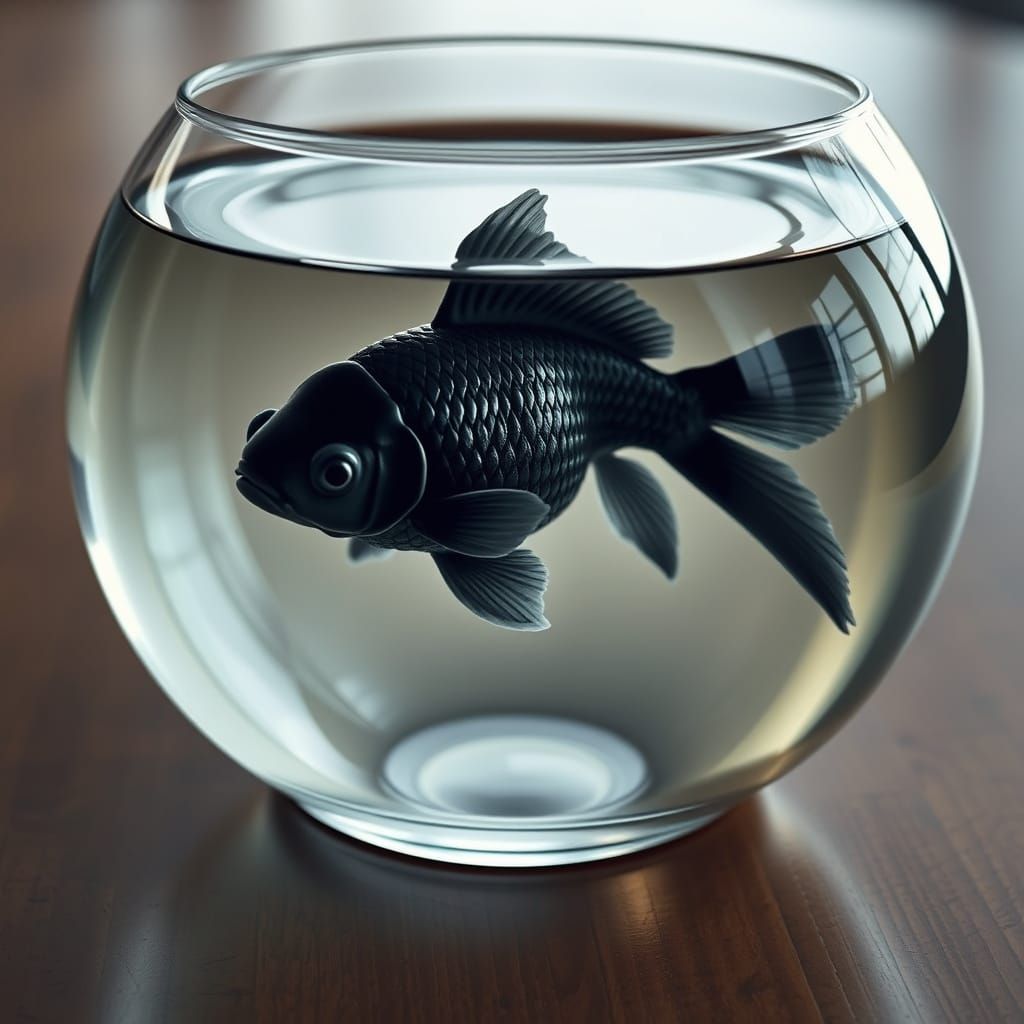 Black Goldfish in Glass Bowl on Wooden Table