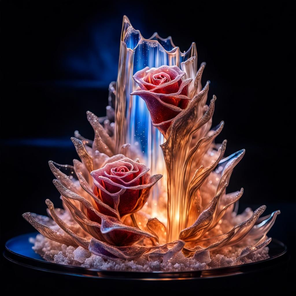 Burning Waterfall and Crystal Rose Sculpture