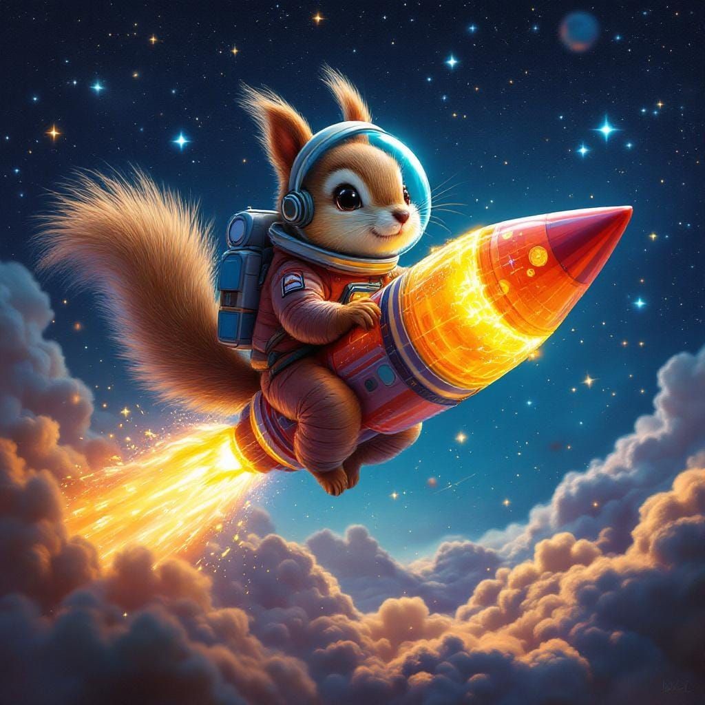 Astronaut Squirrel Soaring Through Starry Sky