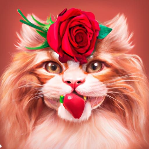 Ginger Cat with Strawberry and Rose, Digital Illustration