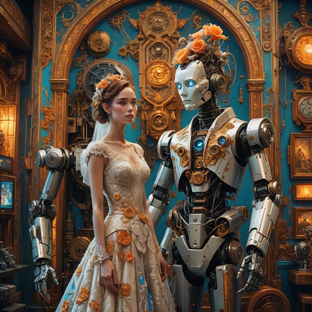 Futuristic Wedding: Human, Robot, and Phone in Hyperrealism