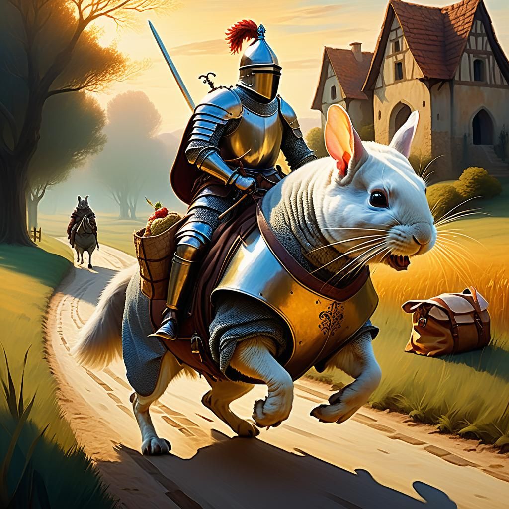 Chinchilla Knight's Medieval Journey: An Oil Painting