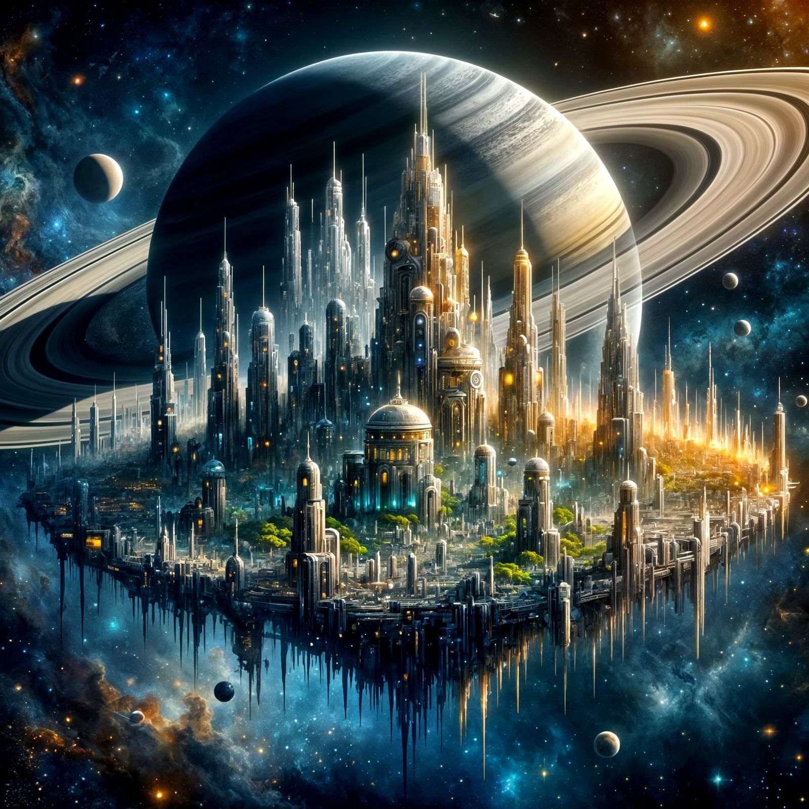 Floating City Orbiting Saturn in Palette Knife Style