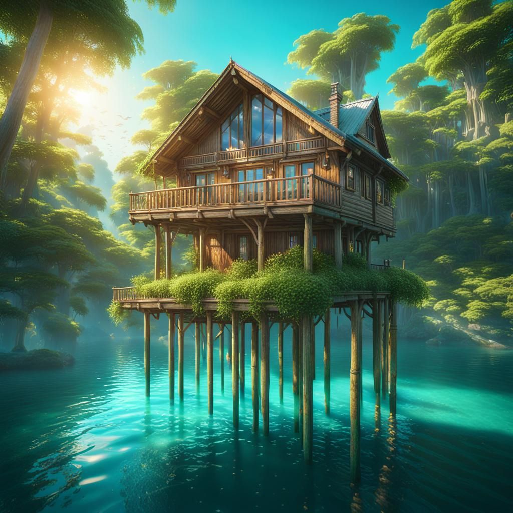 Wooden Chalet on Stilts in Turquoise Water