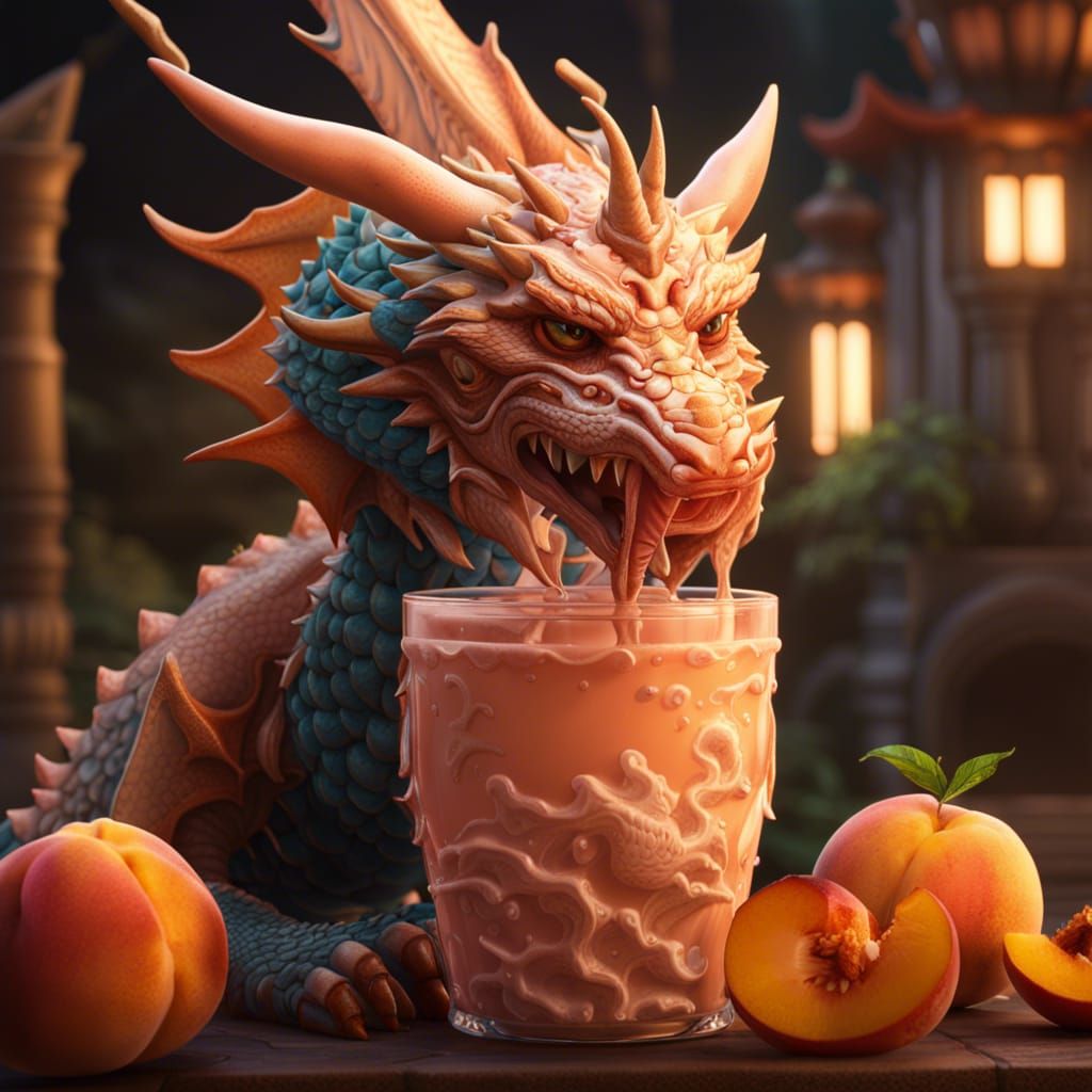 Fantastical Peach Boba Tea Dragon in Detailed Matte Painting