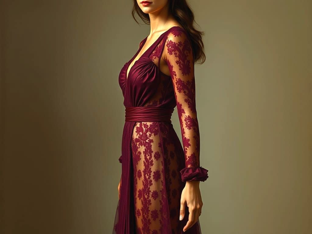 Oil Portrait of Brunette in Burgundy Lace Gown