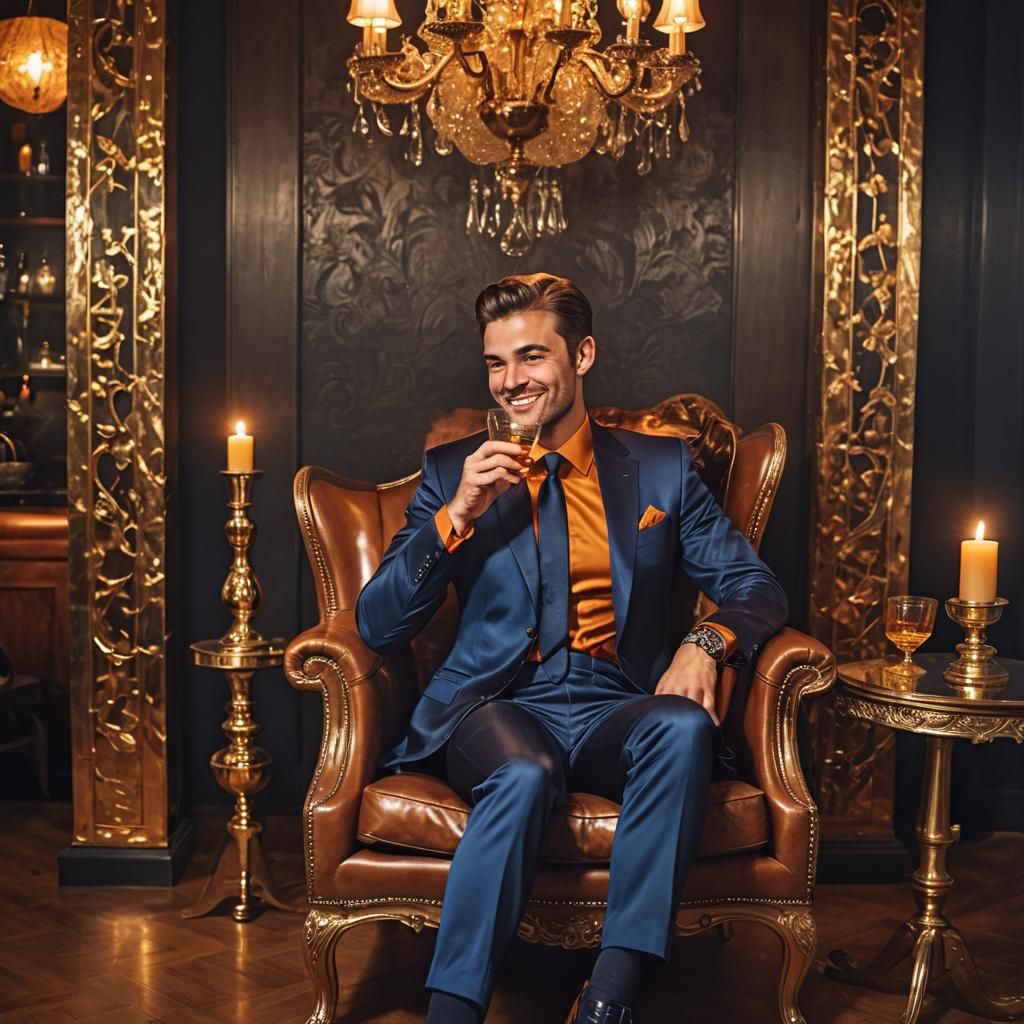 Man in Silk Suit Drinks Tequila, Candlelight Glow
