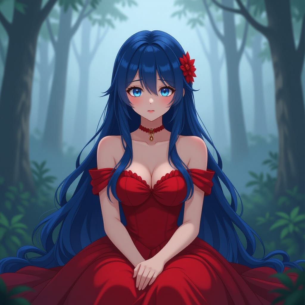 Anime Woman in Red Gown in Foggy Forest