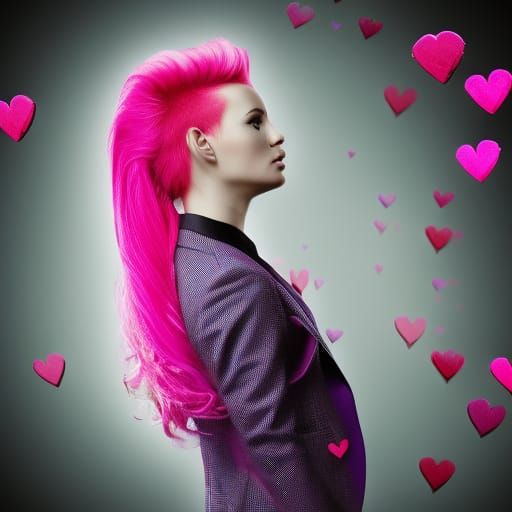 Hyperrealistic Woman with Electric Hair and Heart Suit