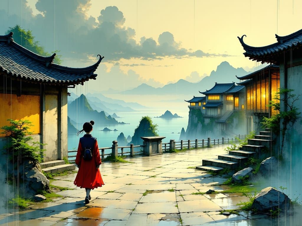 Traditional Chinese Village at Dawn after Rain