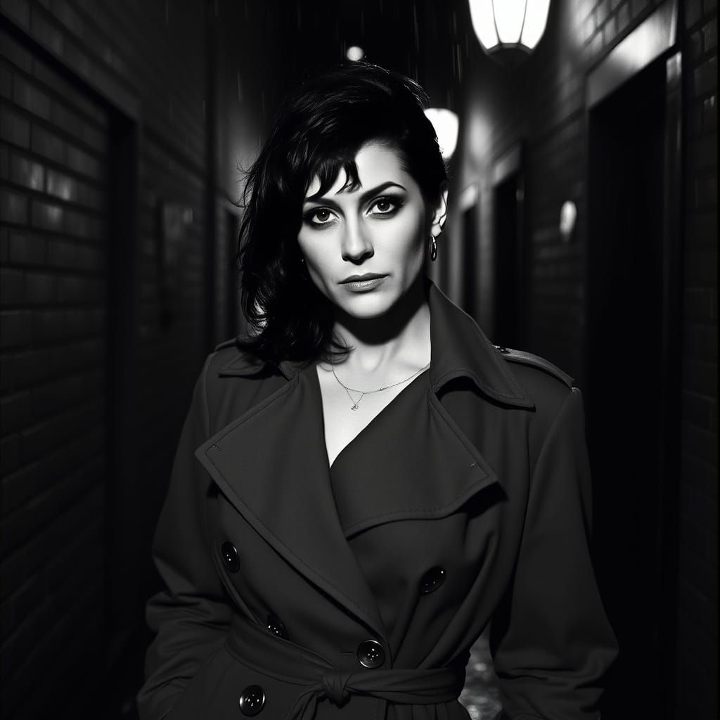 Film Noir Trans Woman in Rainy Alleyway