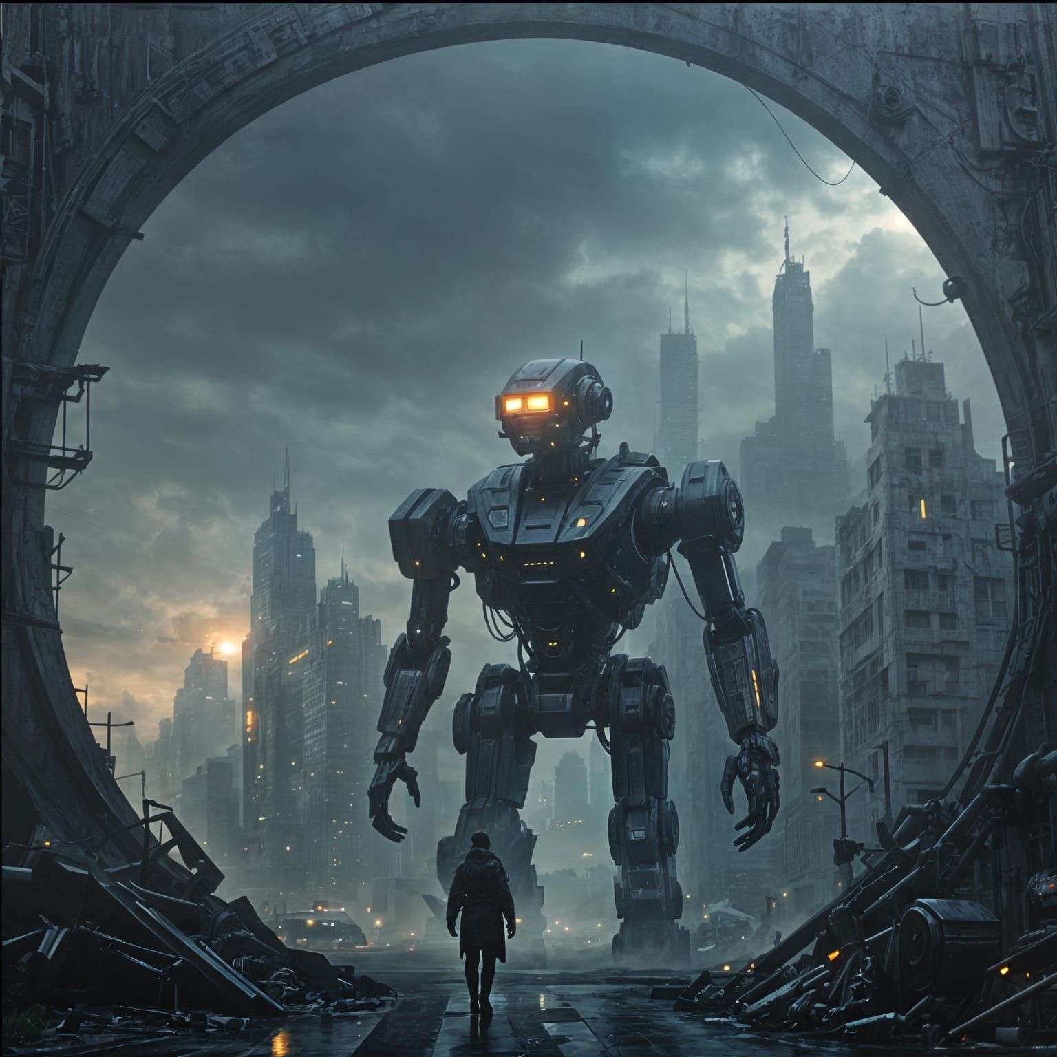 Mechanized Future City Under Overcast Sky