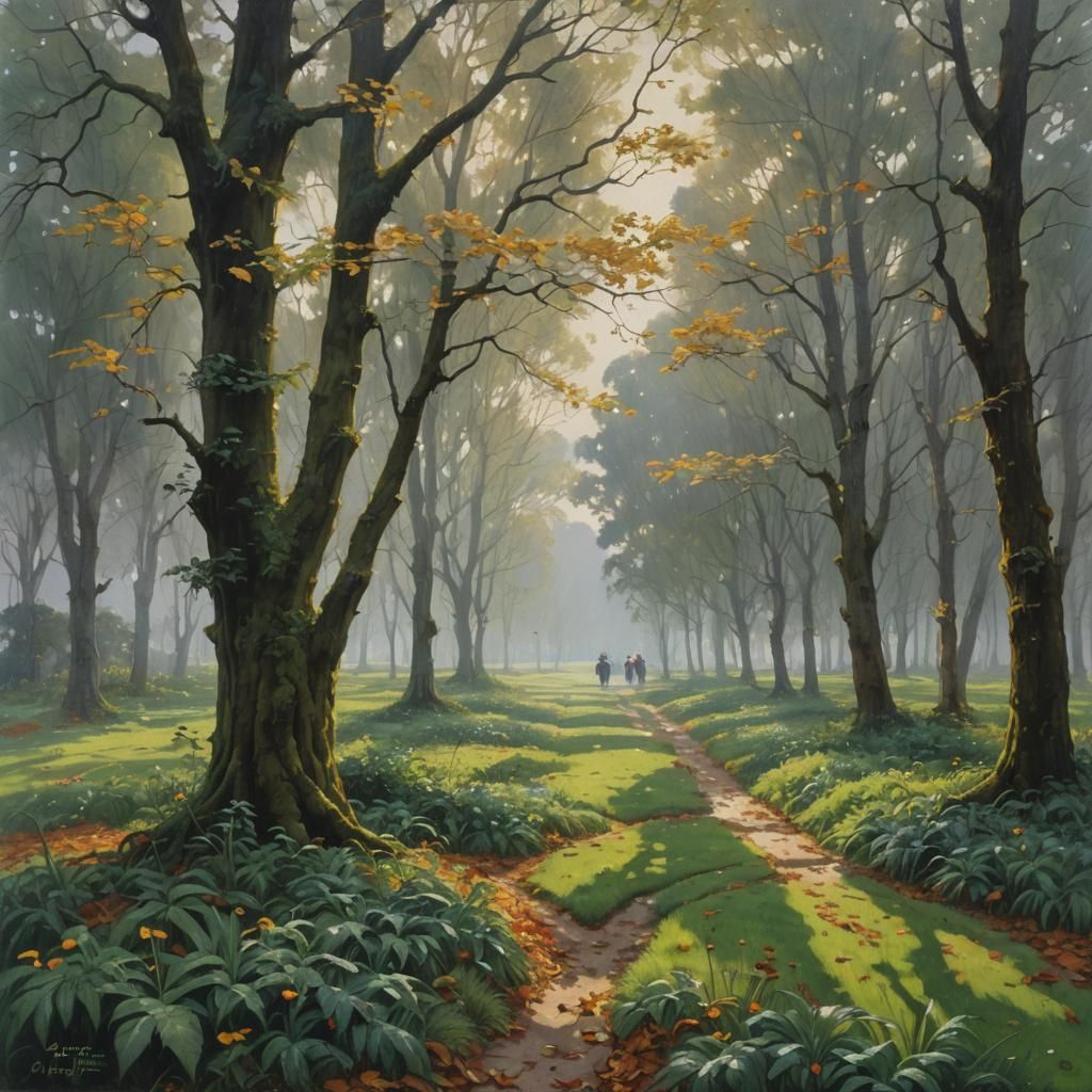 Tranquil Oil Painting of Rustling Leaves and Dewdrops