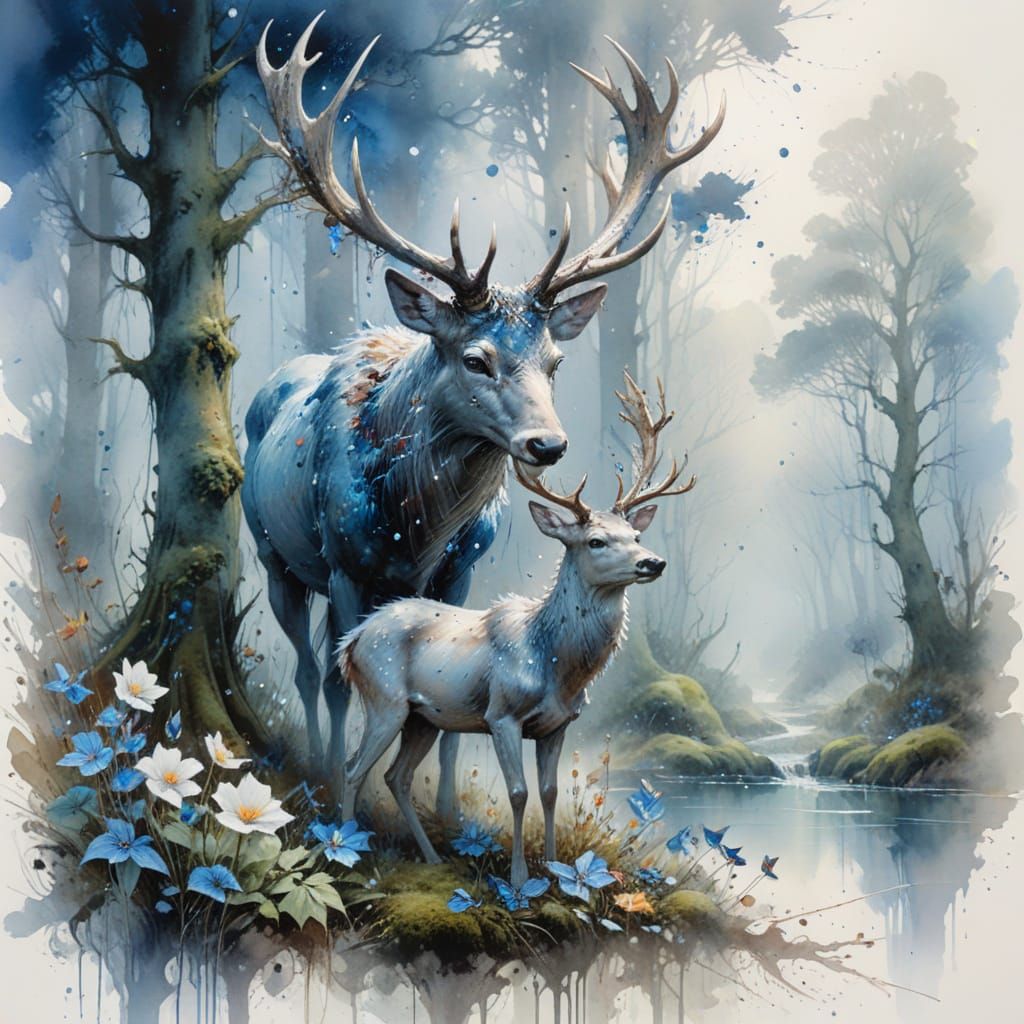 Silver Stag in Moonlit Forest Glade with Glowing Flowers