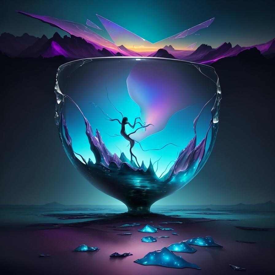 Surrealist Landscape with Hovering Figure in Iridescent Colo...