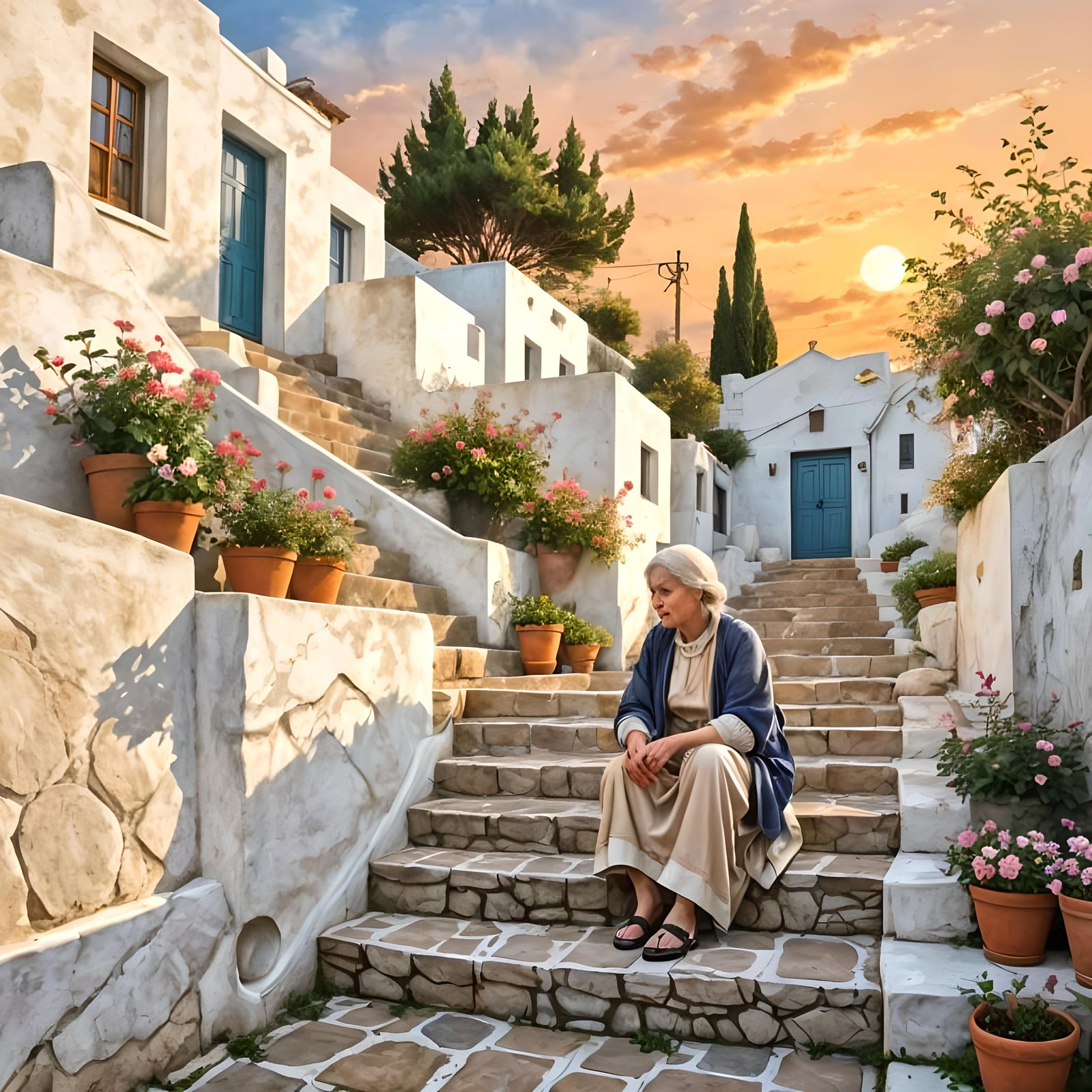 Greek Lady on Cobblestone Steps: Watercolor Illustration