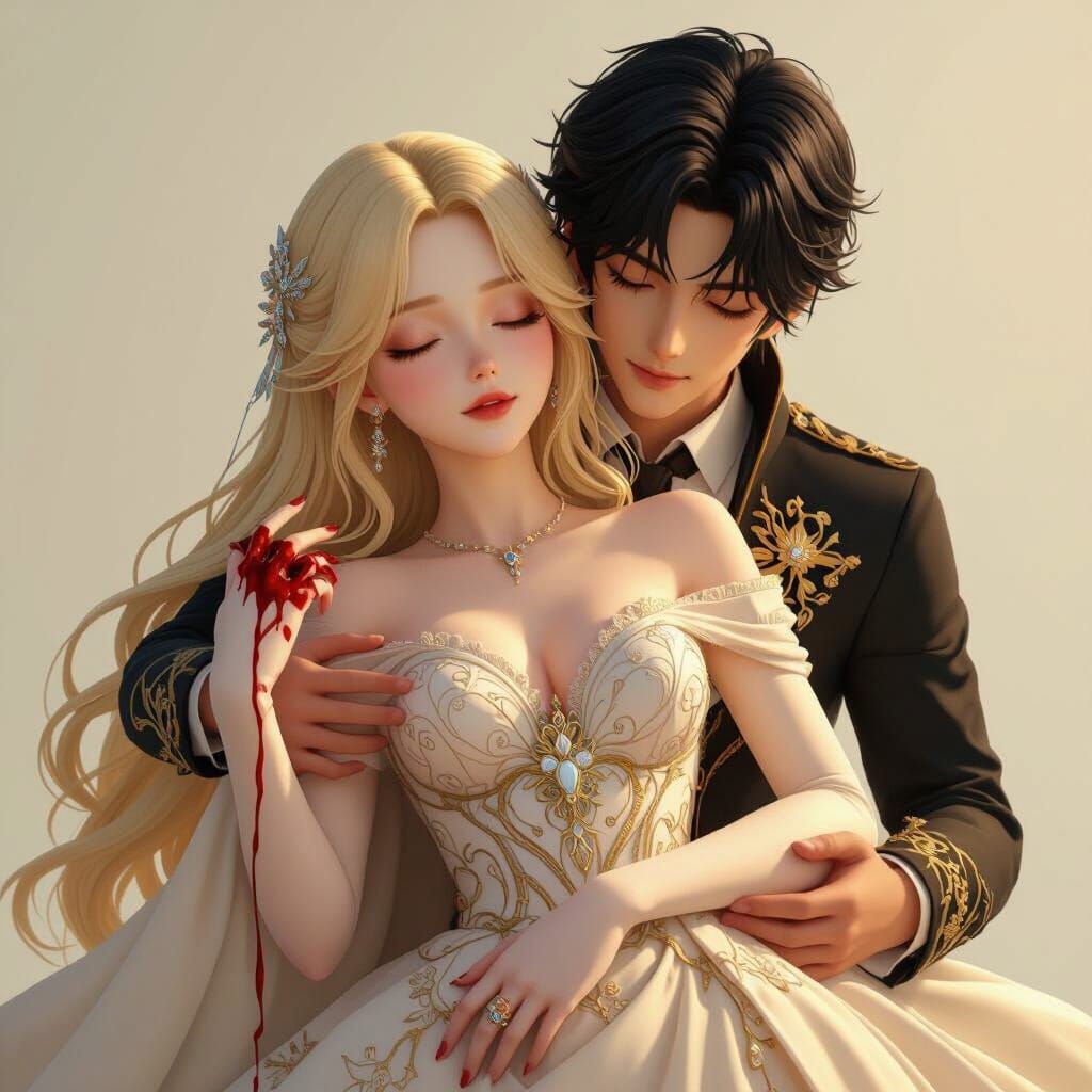 Unconscious Blonde Girl Carried by Man in 3D Anime Style