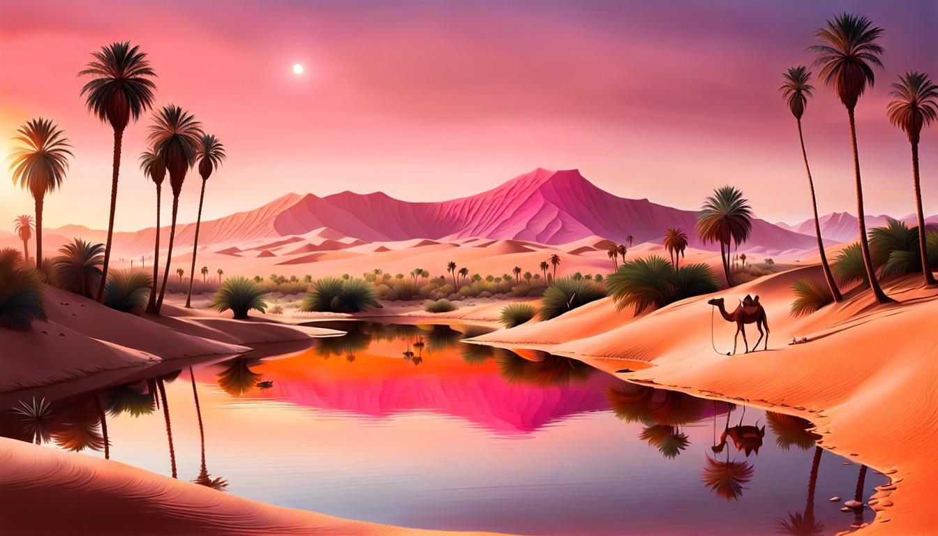 Desert Oasis Sunset with Camel Caravan