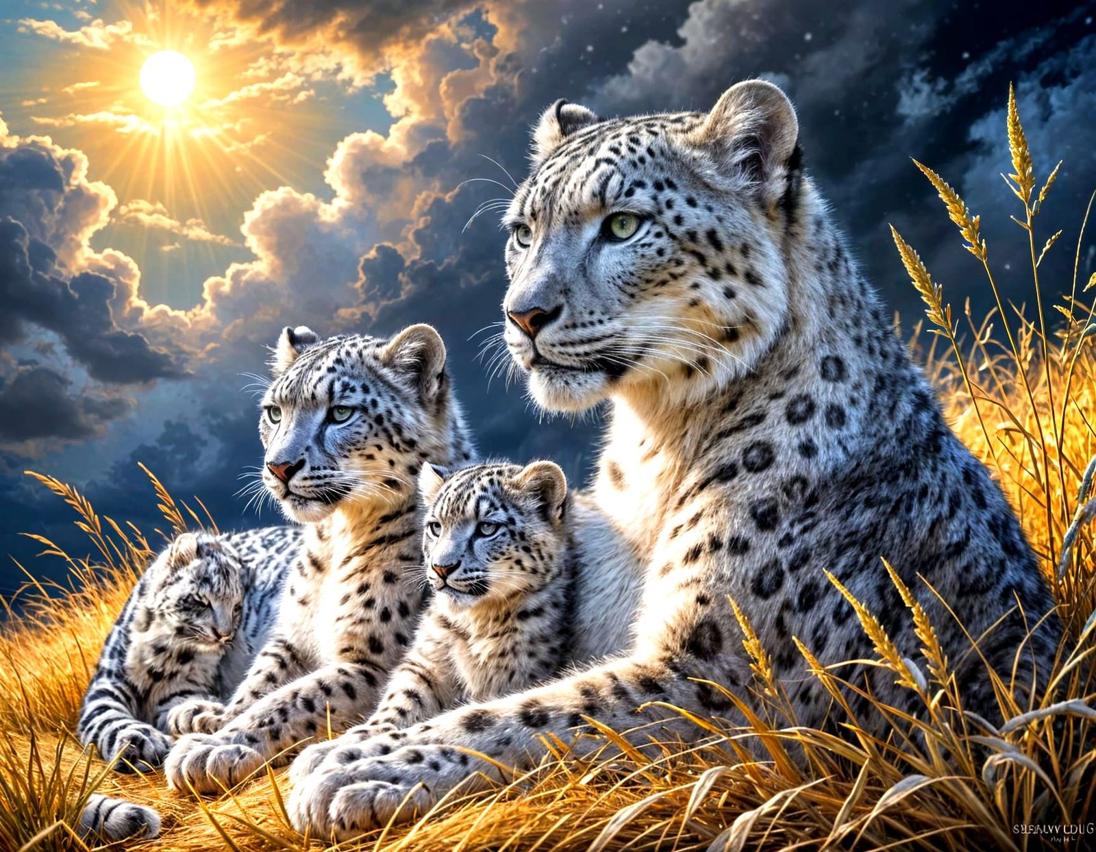 Mother snow leopard with her to come