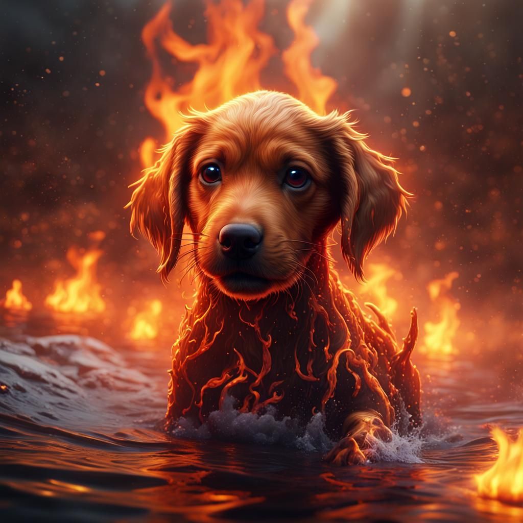 Puppy Swims Through Fire: Detailed Fantasy Art