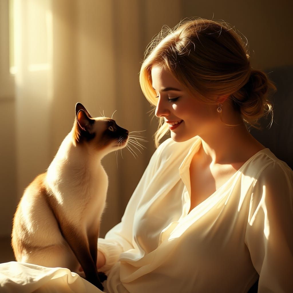 Tender Moment: Woman and Siamese Cat Nose Touch