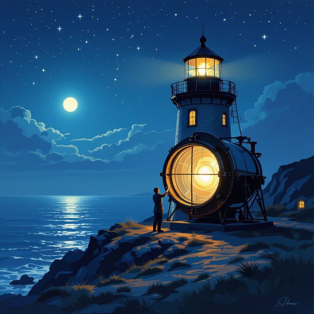 Lighthouse Keeper Polishing Lens Under Starry Night Sky