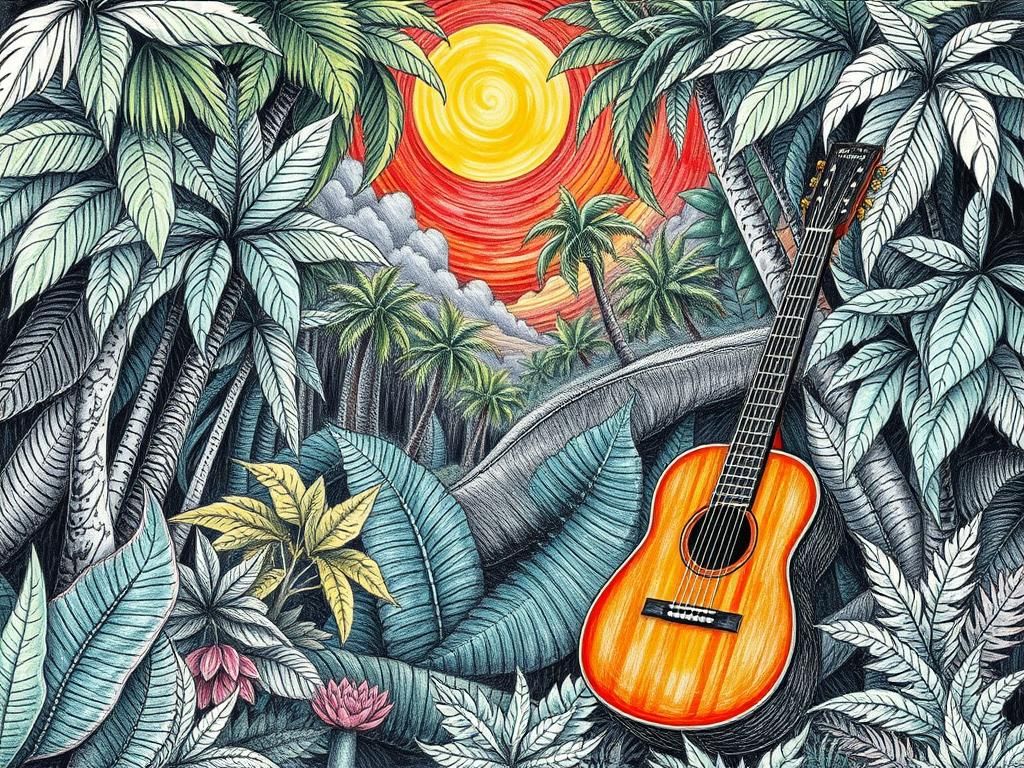 Intricate Jungle Landscape with Guitar in Scratch Art Style