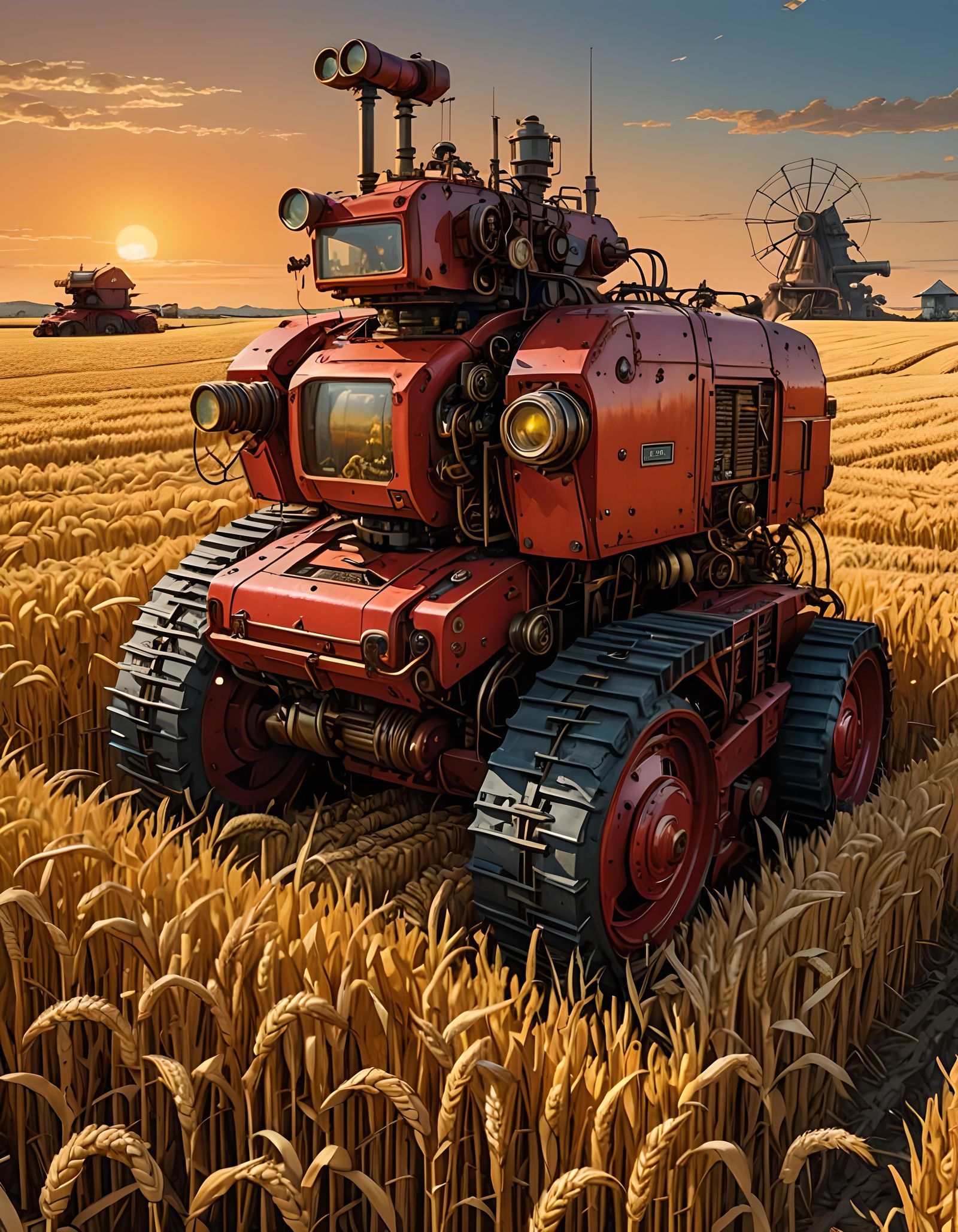 Steampunk Robots Harvesting Wheat at Sunset